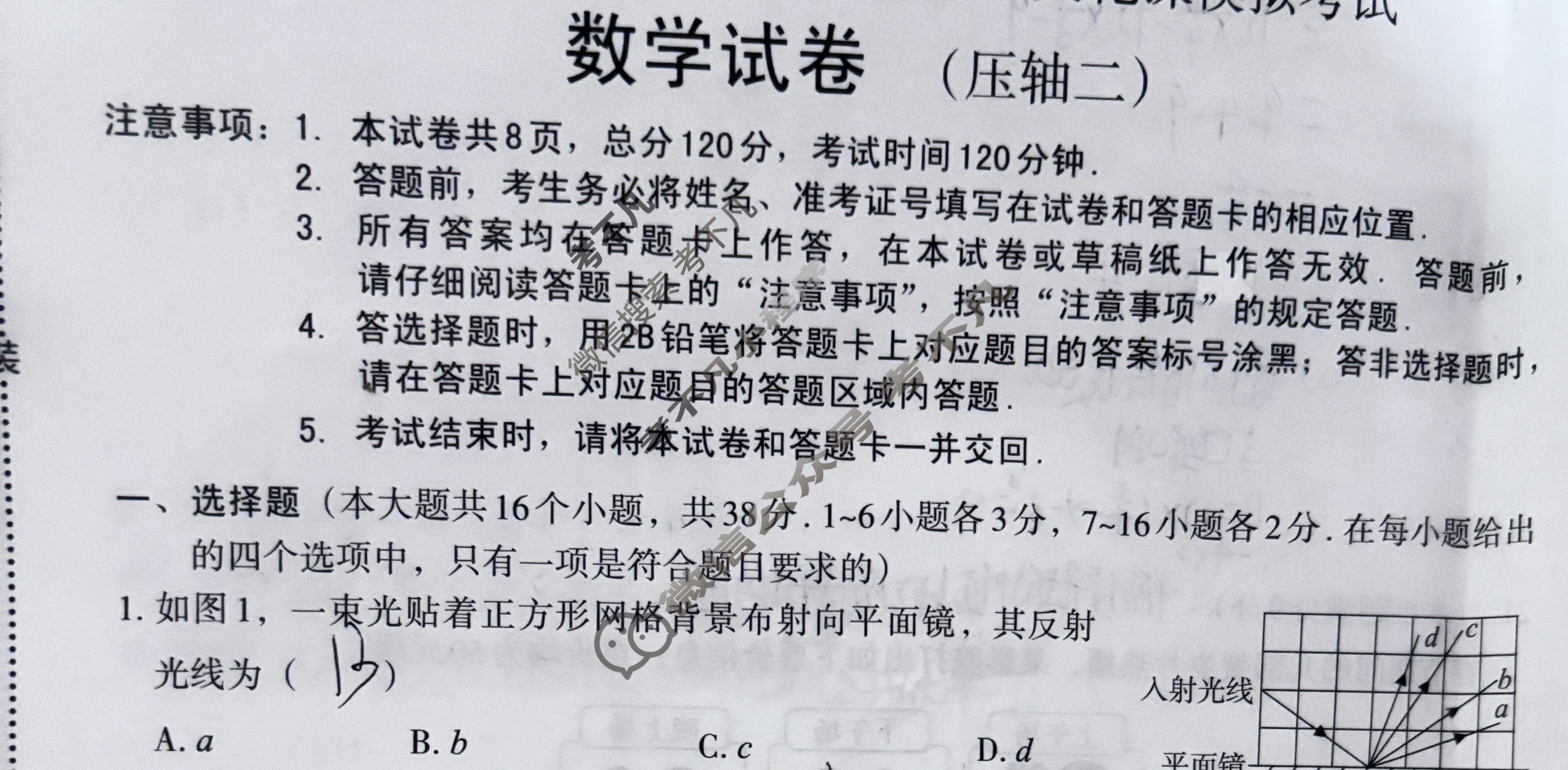 [文博志鸿]2024年河北省初中毕业生升学文化课模拟考试(压轴二)数学试题