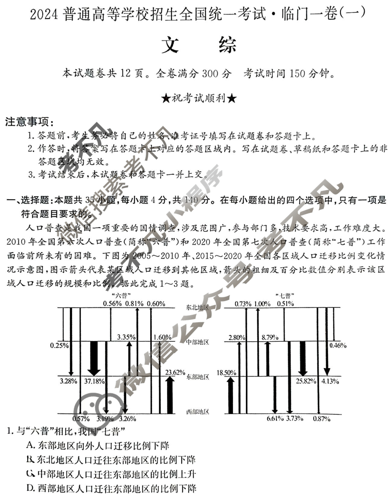 高三2024普通高等学校招生全国统一考试·临门一卷(一)1文科综合(QG-新教材)试题
