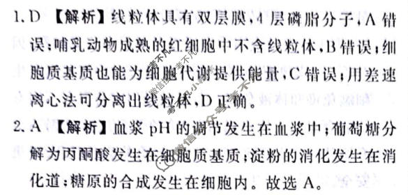 2024届衡水金卷先享题 压轴卷[贵州专版]生物(一)1答案