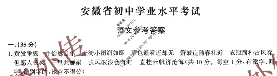 中考2024年安徽省初中学业水平考试(试题卷)语文答案