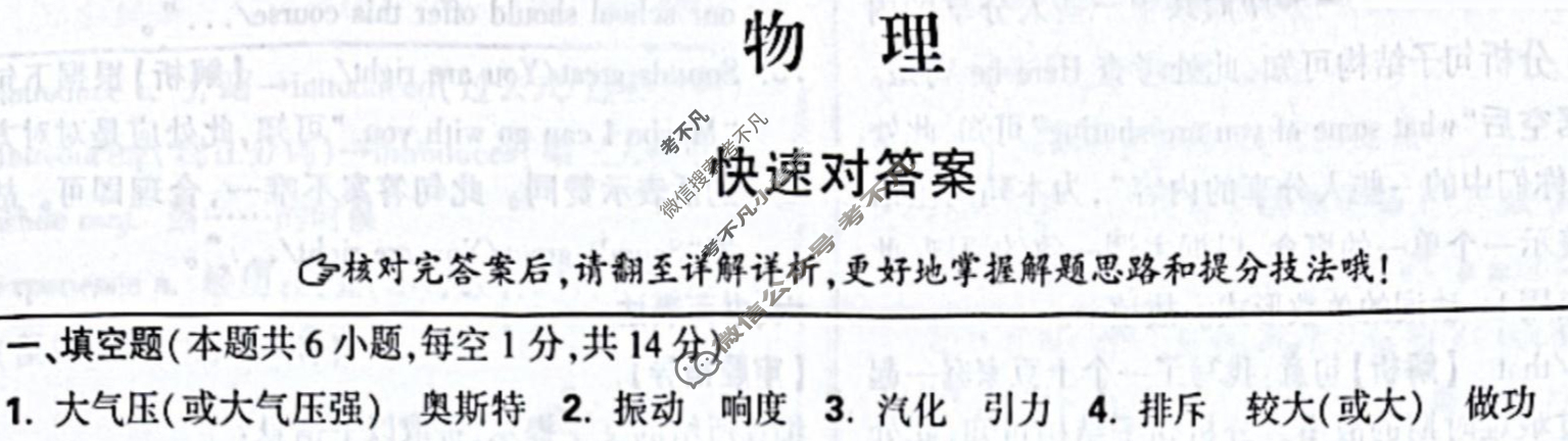 [万唯中考]2024年河南省初中学业水平考试(白卷)物理答案