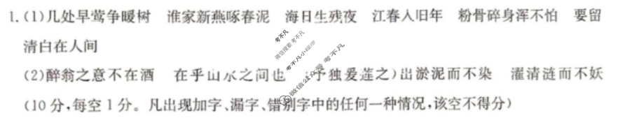 金太阳2023-2024学年“安徽古韵·徽墨书香”九年级省级联考(24-CZ104c)语文答案