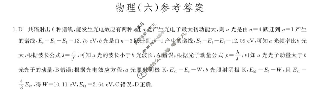 [九师联盟]2023~2024学年高三核心模拟卷(下)(六)6物理(XKB-H)答案