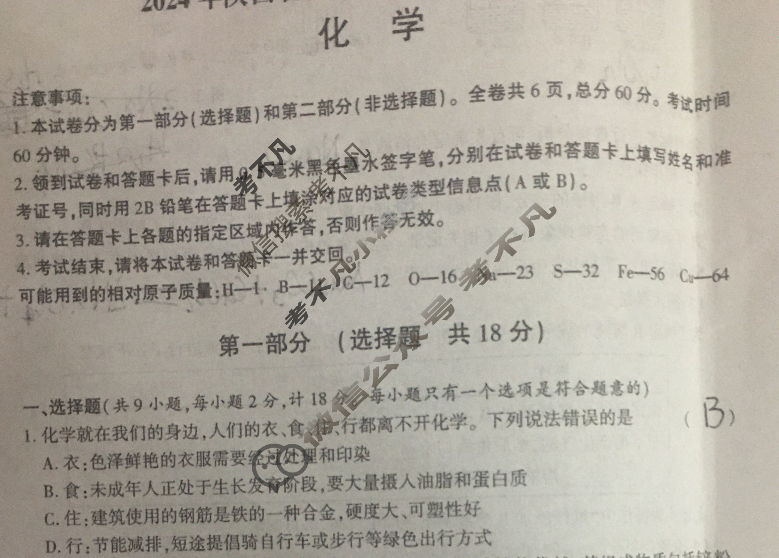 中考2024年陕西省初中学业水平考试压轴卷化学A试题