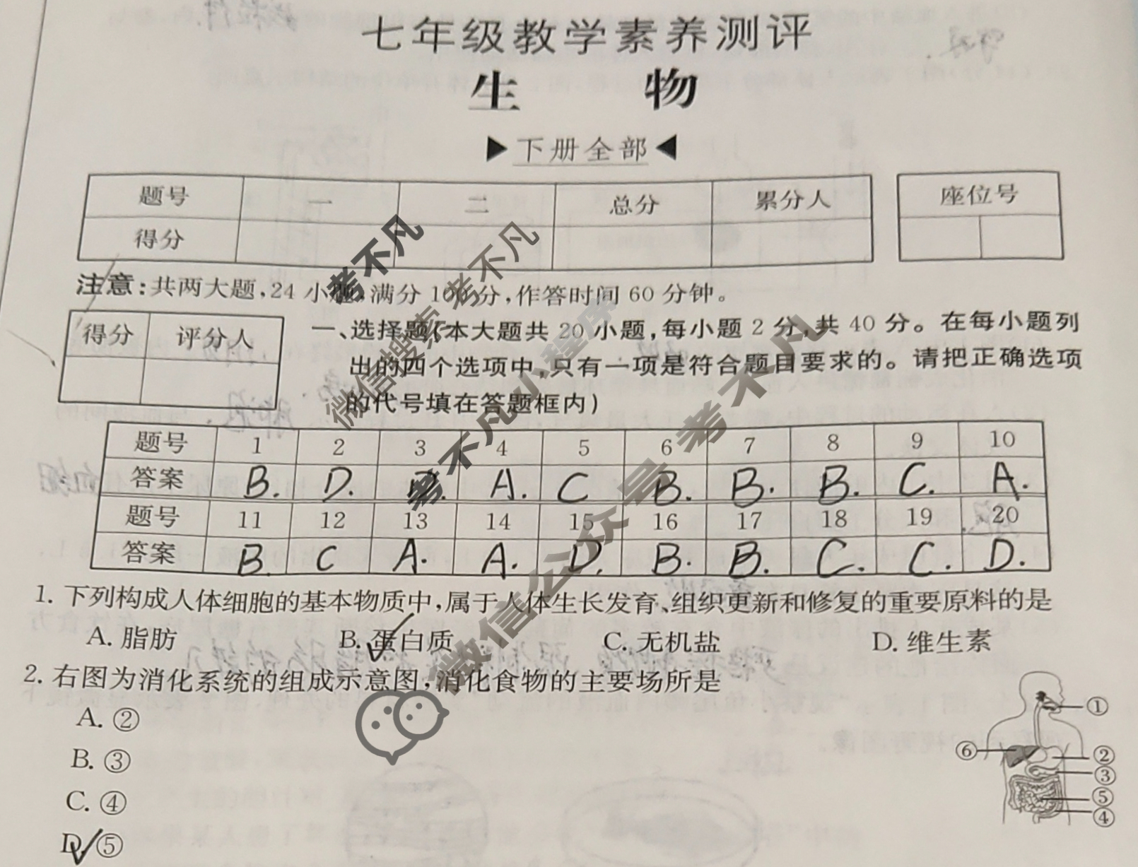 安徽省2023~2024学年度七年级教学素养测评[☐BSD-AH]生物试题