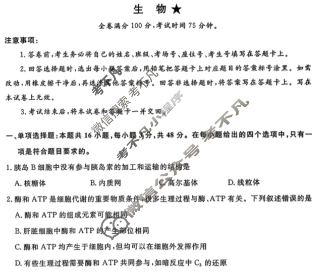 河南省濮阳市2024-2025学年高三9月质量检测生物试题