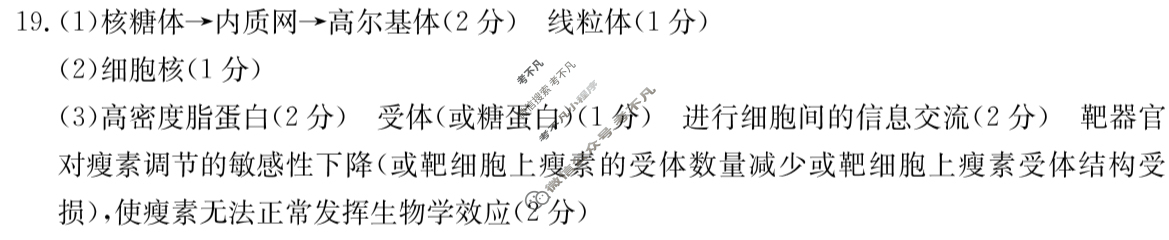 金太阳2024-2025学年河北省高三年级上学期9月份考试生物学(35C)答案