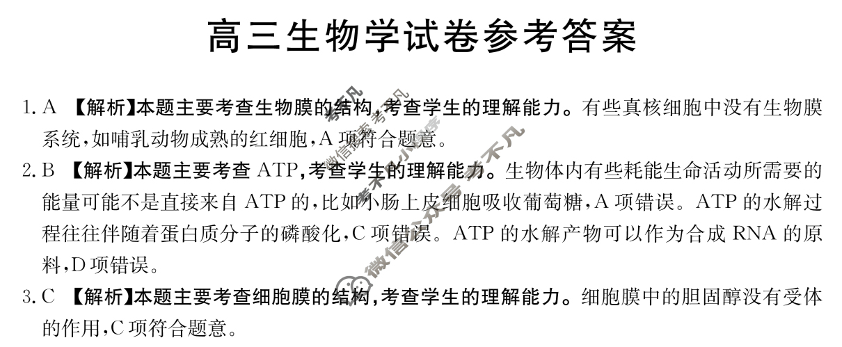 金太阳2025届全国高三9月联考(9.25)生物答案