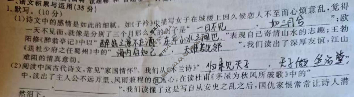 安徽省2024-2025学年九年级上学期教学质量调研(9月)(试题卷)语文试题