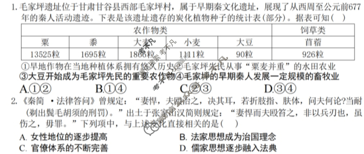 2024-2025学年第一学期高三天域全国名校协作体联考历史试题