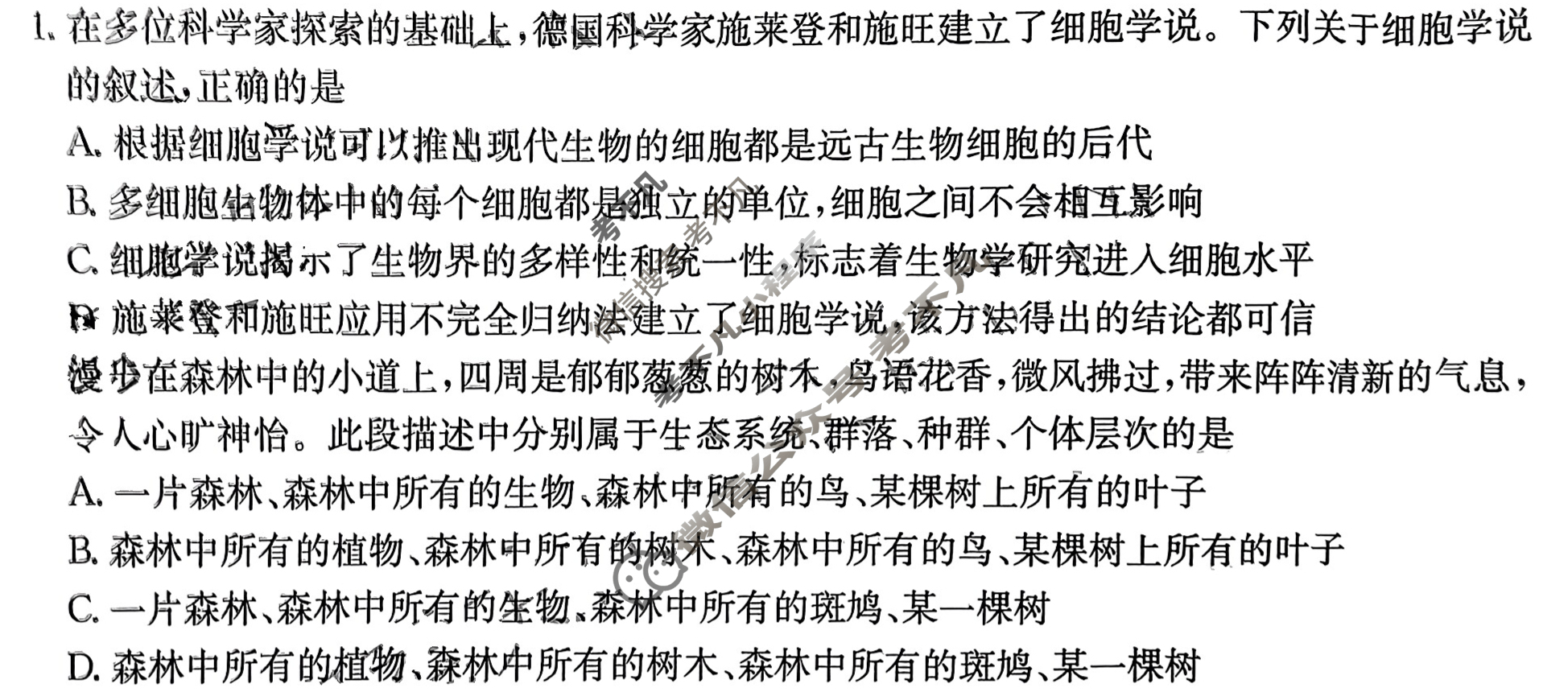金太阳高一2024-2025学年山西名校十月联合考试(62A)生物试题