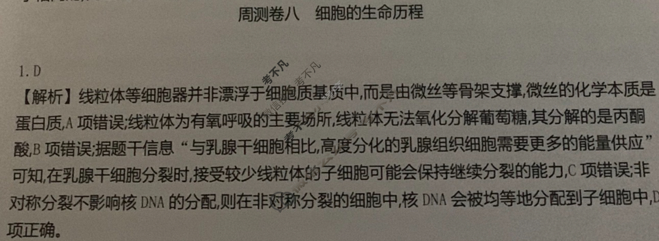 2025年高三第一轮复习周测卷·生物学[25·G3ZCJ(新高考)·生物学-R-必考-G DONG](八)8答案