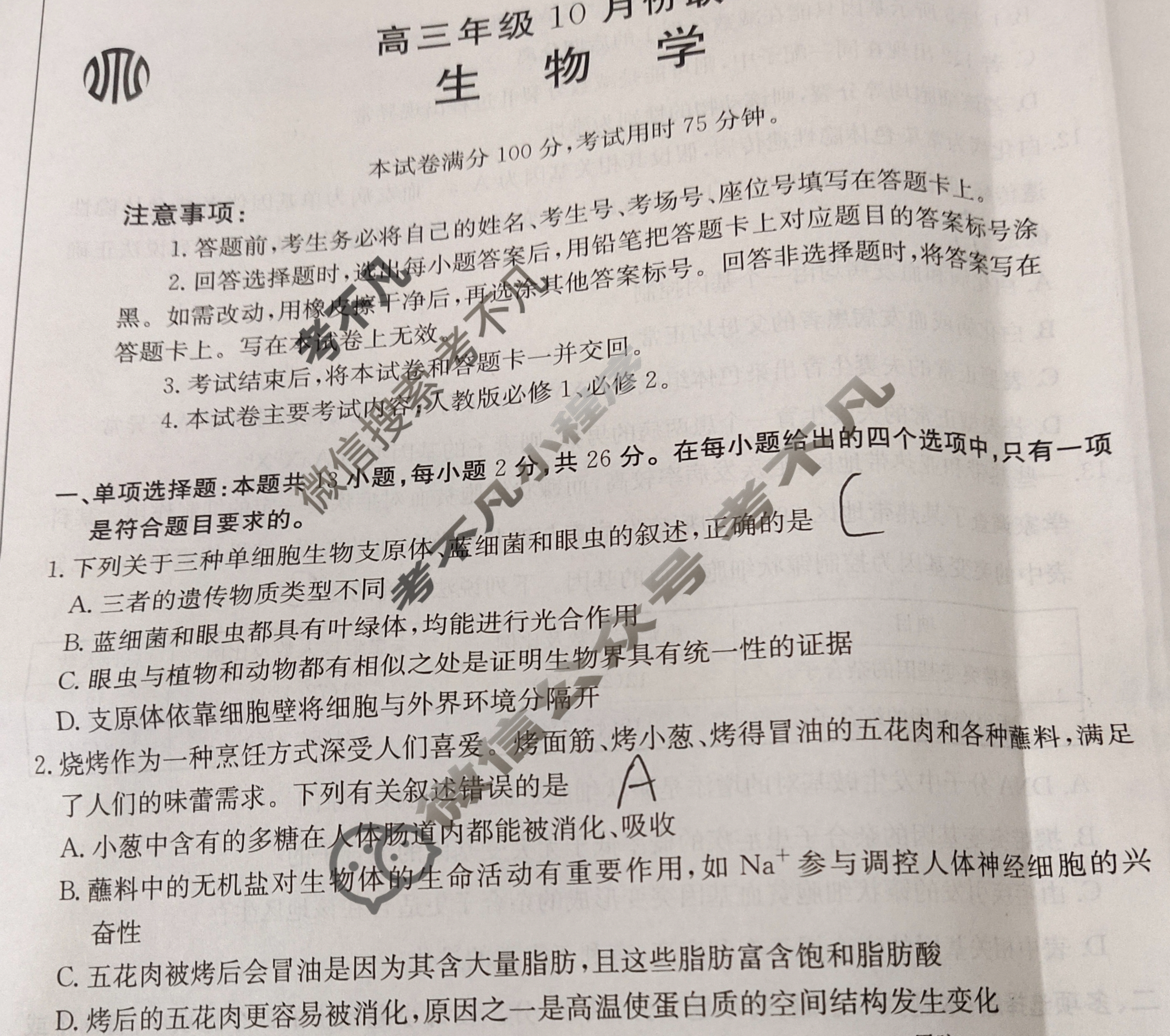 河北金太阳2025届高三年级10月份联考(10.24)生物试题