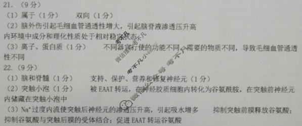 烟台市2024-2025学年度高二第一学期期中学业水平诊断生物答案