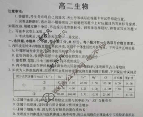 烟台市2024-2025学年度高二第一学期期中学业水平诊断生物试题