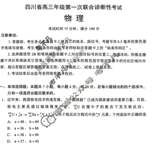 四川省蓉城名校联考2024-2025学年高三第一次联考物理试题