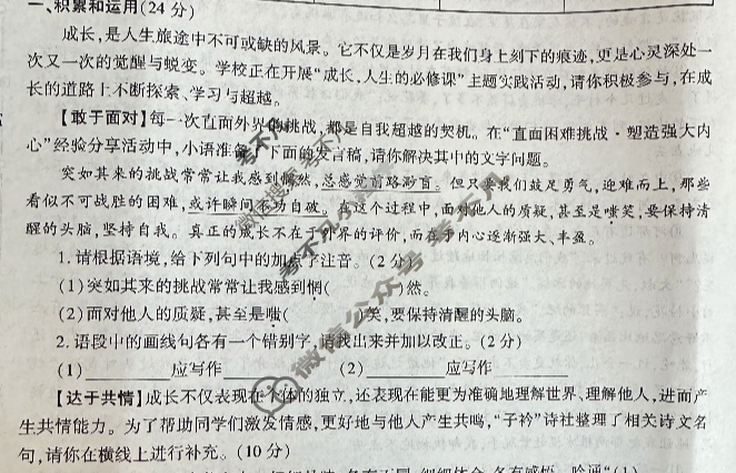 [学林教育]2024~2025学年度第一学期九年级第二次阶段性作业语文C(部编版)试题