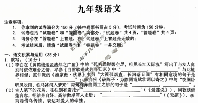 [安徽第一卷]2024-2025学年安徽省九年级教学质量检测四Ⅳ(1月)语文试题