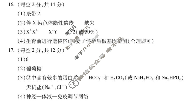 蚌埠市2024-2025学年度第一学期期末学业水平监测高二(1月)生物答案
