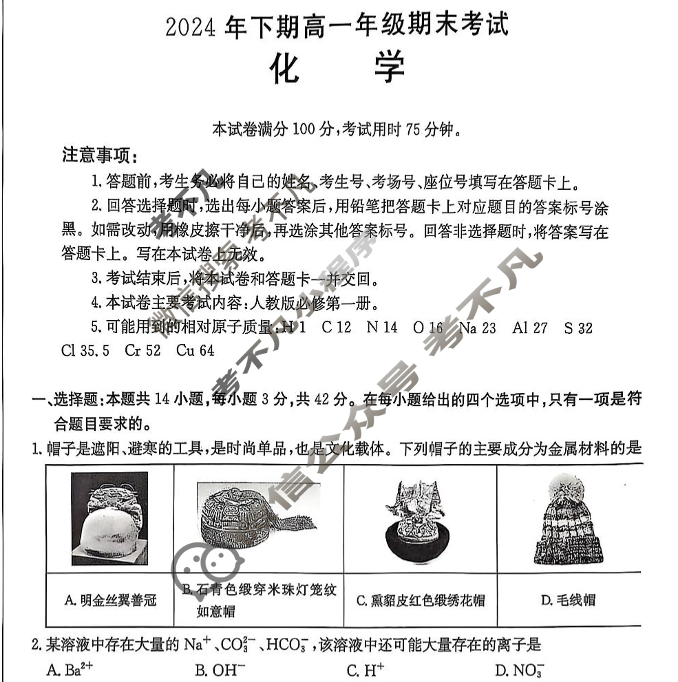 湖南省2024年下期高一年级期末金太阳考试(1.23)化学试题