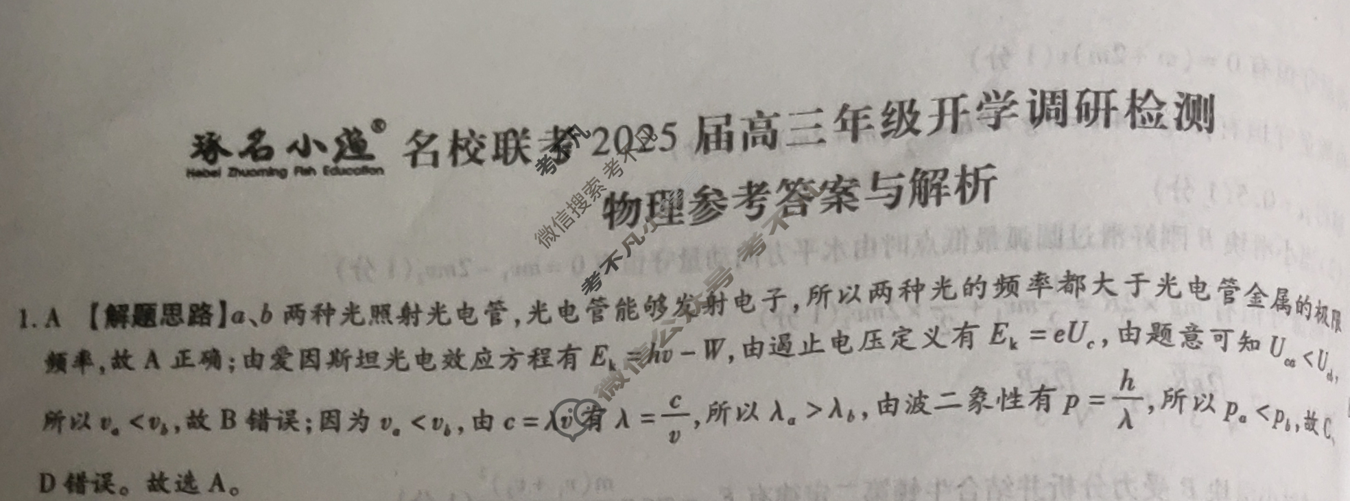 [琢名小渔]名校联考2025届高三年级开学调研检测物理答案