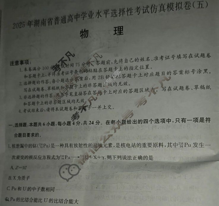 高三2025年湖南省普通高中学业水平选择性考试仿真模拟卷(五)5物理(湖南)试题