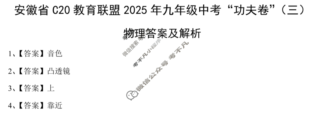 安徽省初中C20教育联盟2025年九年级中考“功夫”卷(三)3物理答案