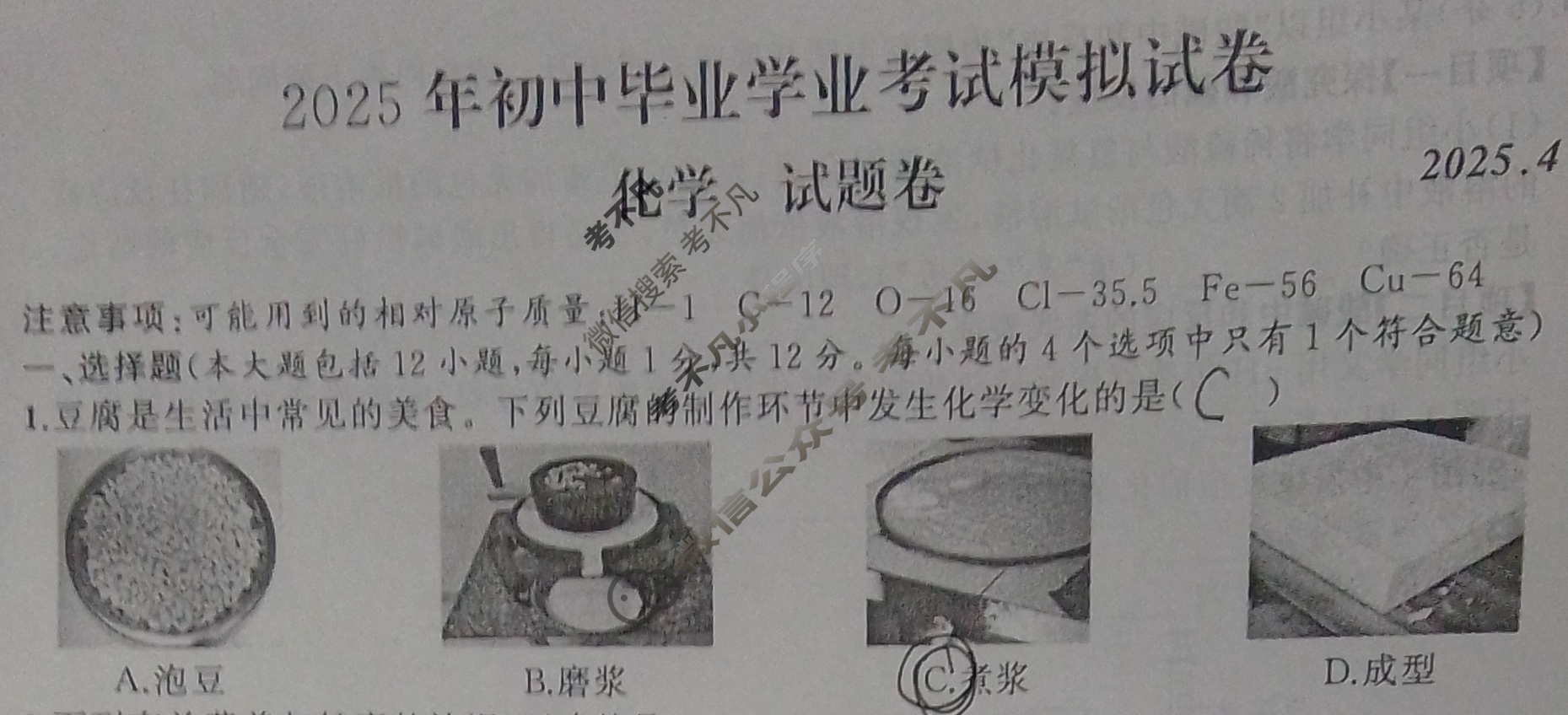 安徽省九年级2025年初中毕业学业考试模拟试卷(试题卷)化学试题