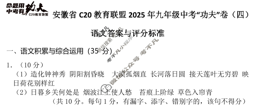 安徽省初中C20教育联盟2025年九年级中考“功夫”卷(四)4语文答案