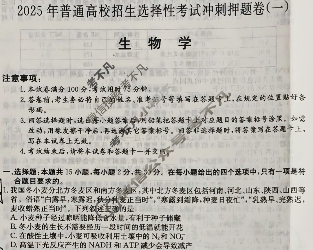 高三2025年普通高校招生选择性考试冲刺押题卷(一)1生物(B N)试题