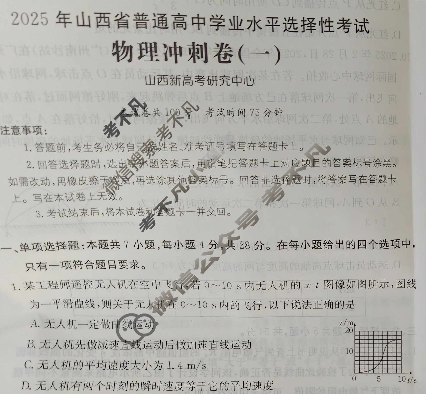 2025年山西省普通高中学业水平选择性考试100所名校高考冲刺卷·物理(一)1[25·(新高考)CCJ·物理·SHX]试题