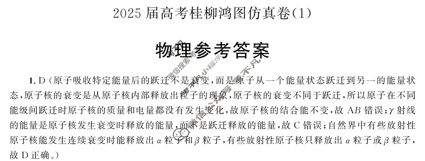 [桂柳文化]2025届高考桂柳鸿图仿真卷(1)物理答案