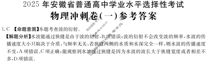 2025年安徽省普通高中学业水平选择性考试100所名校高考冲刺卷·物理(一)1[25·(新高考)CCJ·物理·AH]答案
