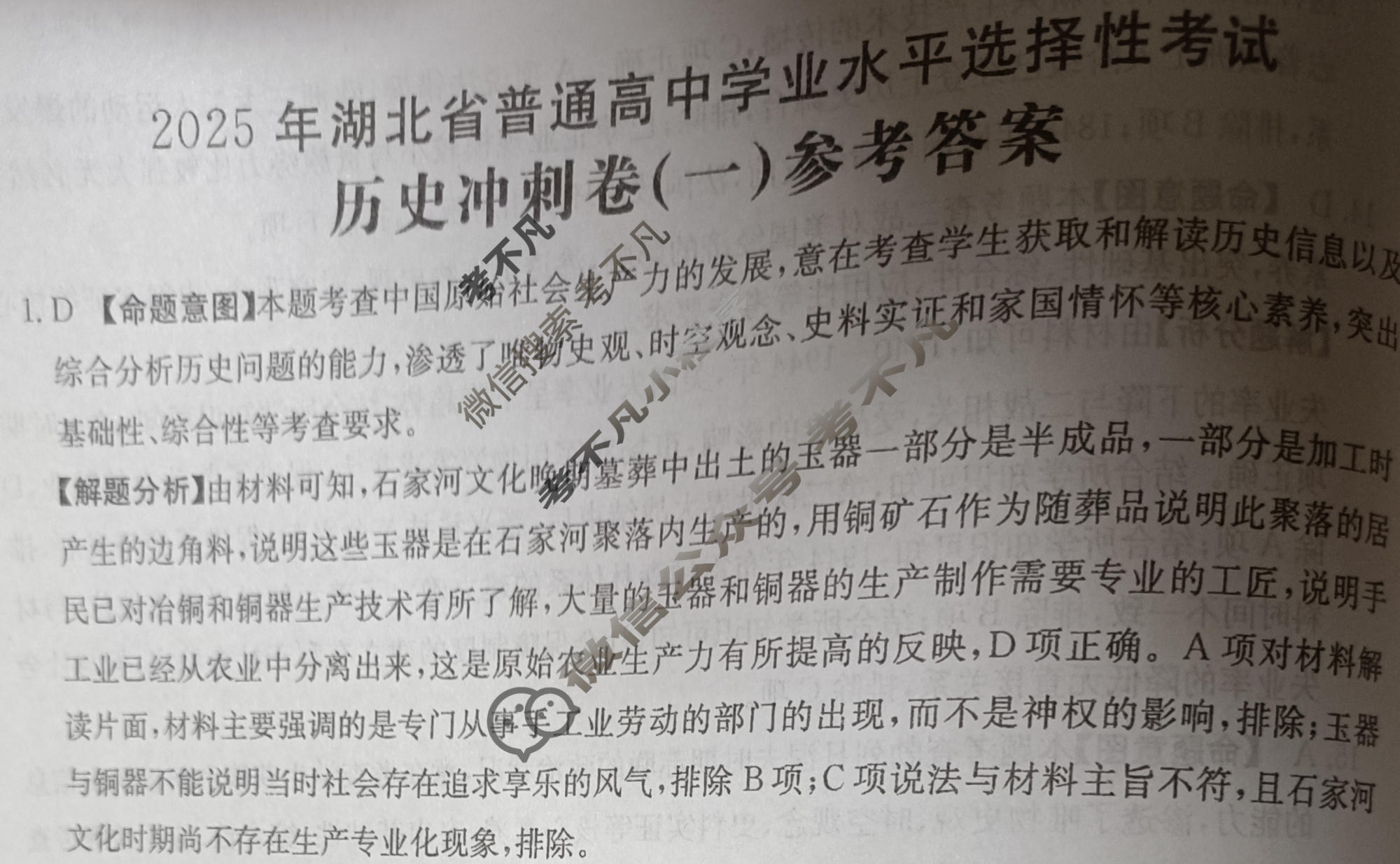2025年湖北省普通高中学业水平选择性考试100所名校高考冲刺卷·历史(一)1[25·(新高考)CCJ·历史·HUB]答案