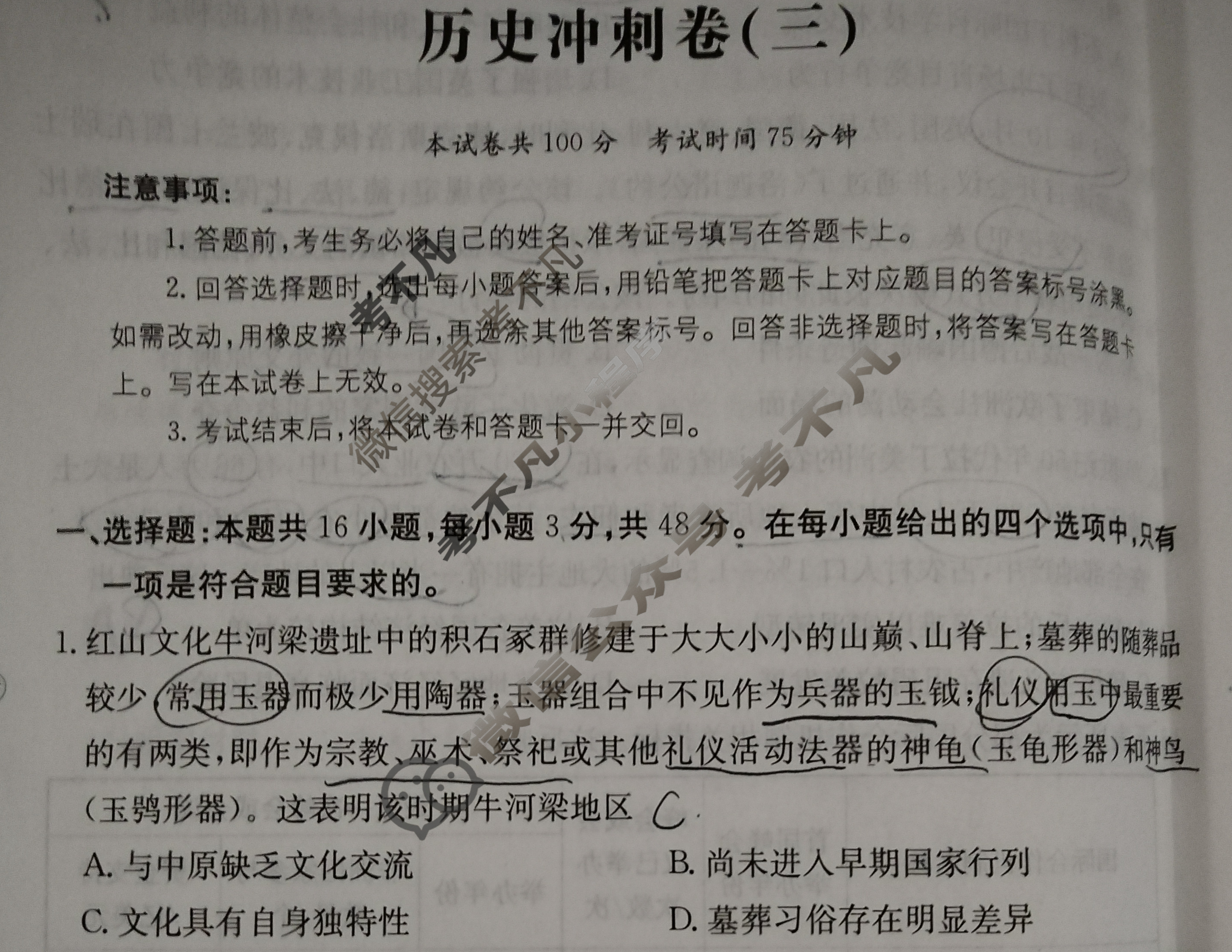 2025年普通高中学业水平选择性考试100所名校高考冲刺卷·历史(三)3[25·(新高考)CCJ·历史·QN]试题