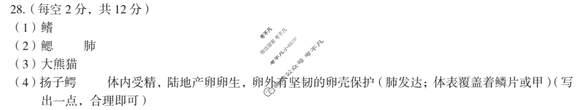 [安徽第一卷]2024-2025学年安徽省八年级教学质量检测七Ⅶ(5月)生物学(人教版)答案