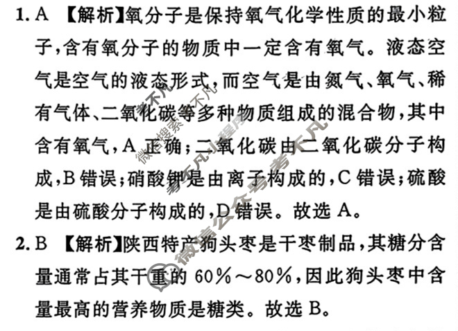 中考2025年陕西省初中学业水平考试(金卷)化学B答案