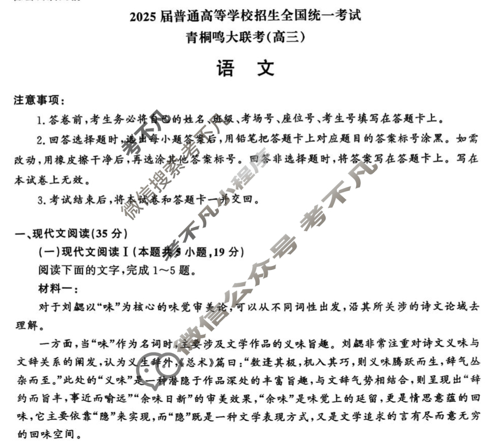 [青桐鸣]2025届普通高等学校招生全国统一考试河南省高三5月联考语文试题