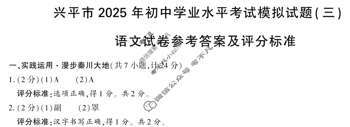 九年级兴平市2025年初中学业水平考试模拟试题(三)3语文答案