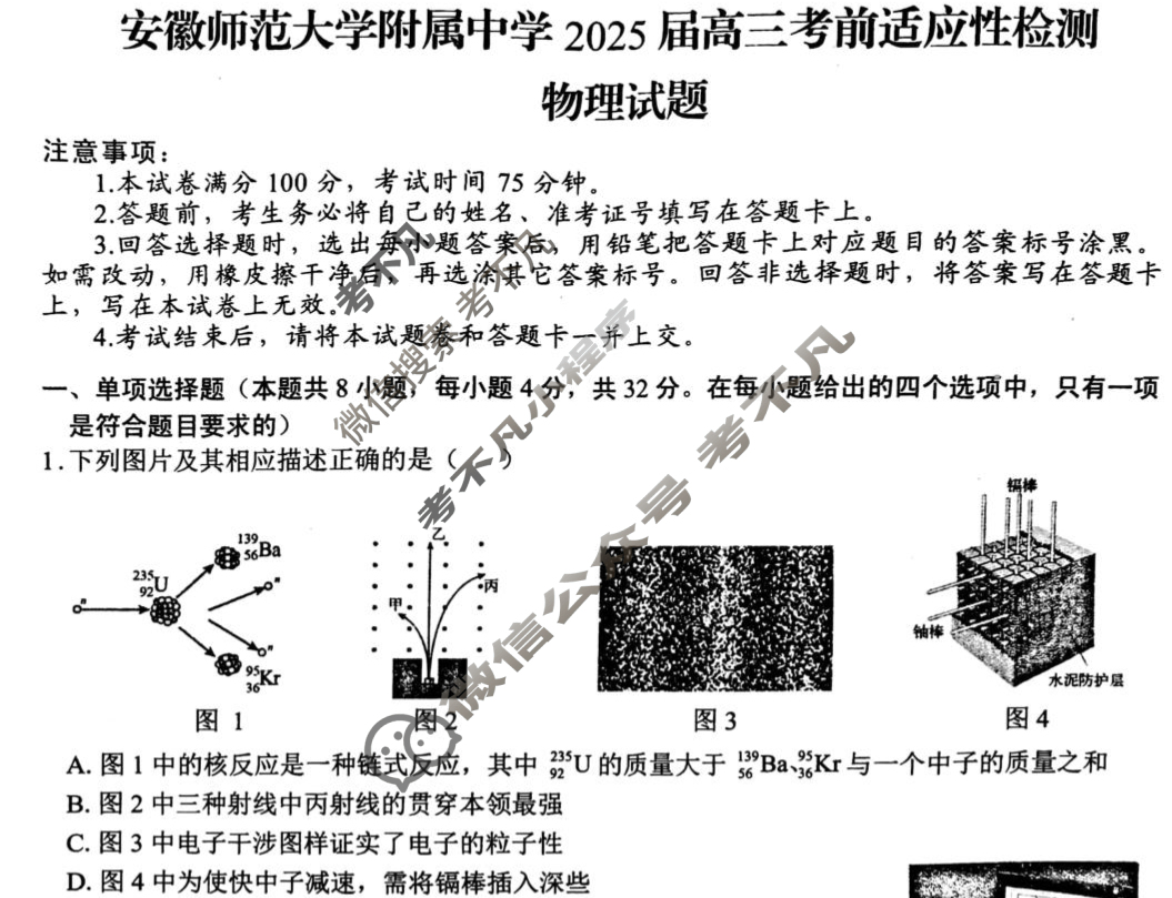 安徽师范大学附属中学2025届高三考前适应性检测(5月)物理试题