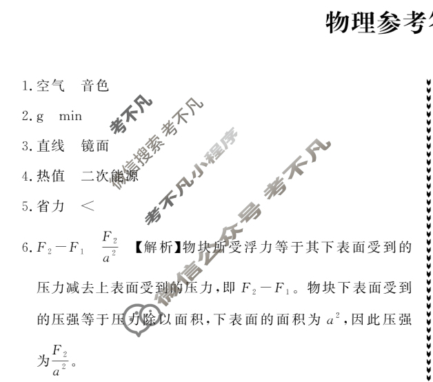 2024-2025学年学考总复习·试题猜想·九年级 模拟试题(八)8物理答案
