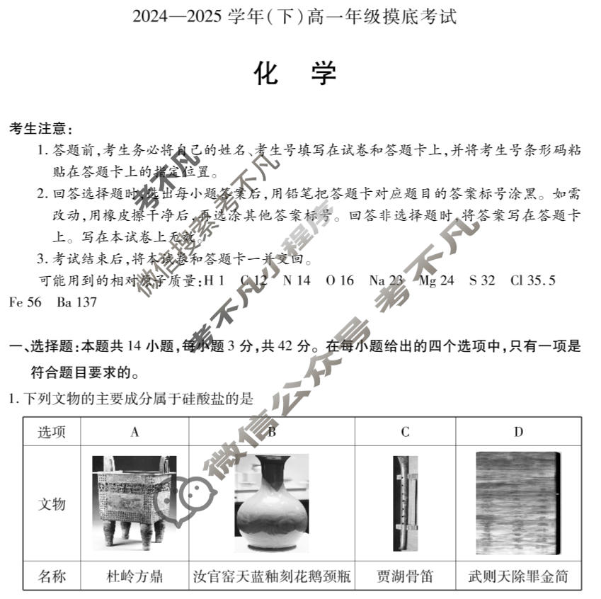 [天一大联考]2024-2025学年(下)高一年级摸底考试化学(专版)试题