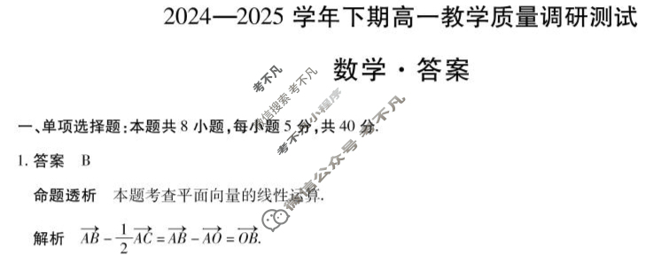 [天一大联考]鹤壁市2024-2025学年下期高一教学质量调研测试数学答案