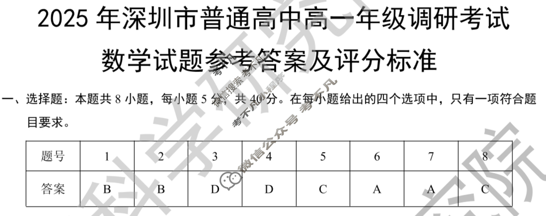 2025年深圳市普通高中高一年级调研考试(2025.7)数学答案