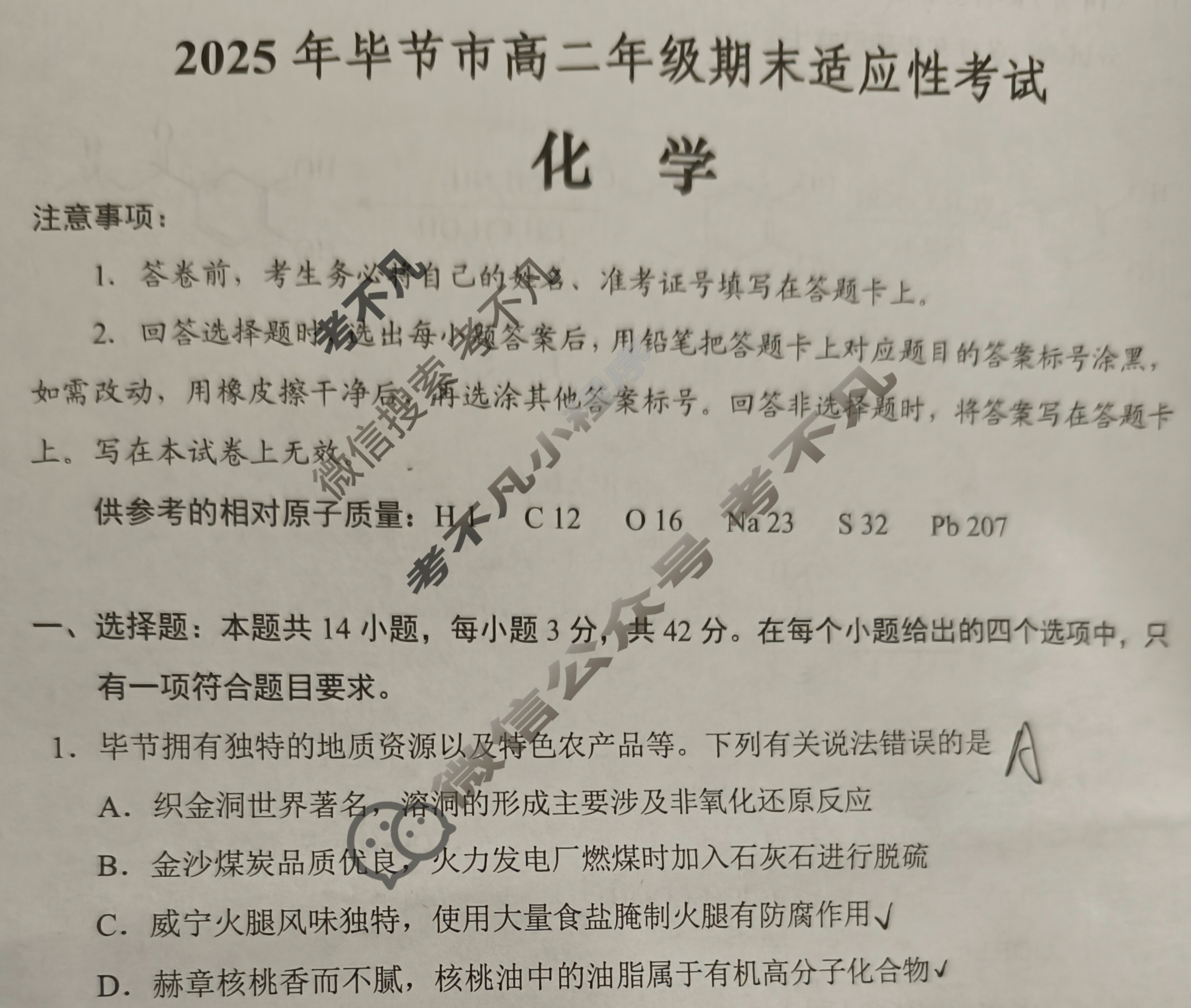 2025年毕节市高二年级期末适应性考试(7月)化学试题
