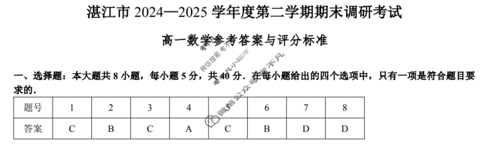 湛江市2024-2025学年度第二学期期末高中调研测试高一(7月)数学答案