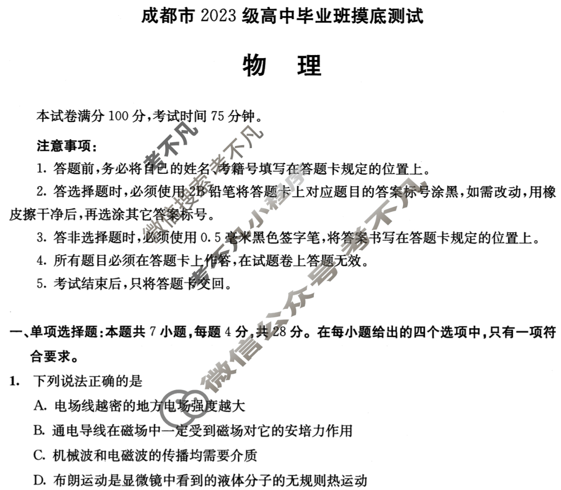 2025年四川省成都市2023级高中毕业班摸底测试物理试题