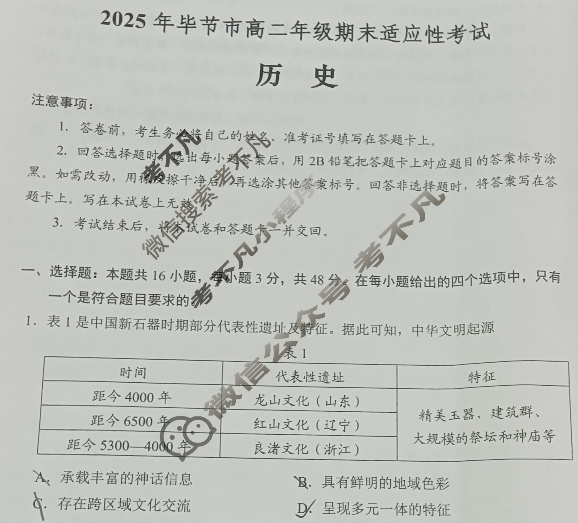 2025年毕节市高二年级期末适应性考试(7月)历史试题