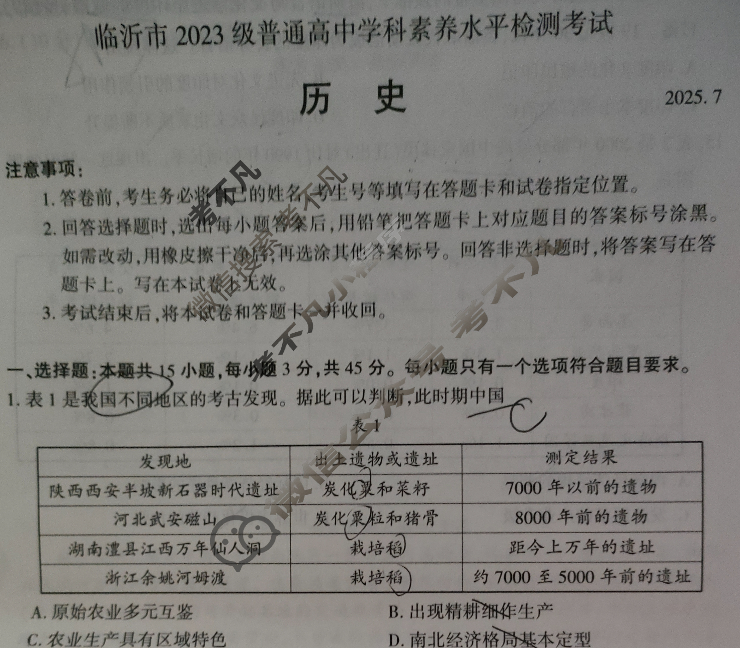 山东省2025年临沂市2023级高二普通高中学科素养水平检测考试(7月)历史试题