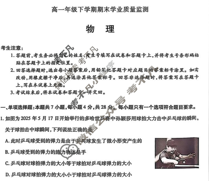 [天一大联考]濮阳市2024-2025学年高一年级下学期期末教学质量监测物理试题